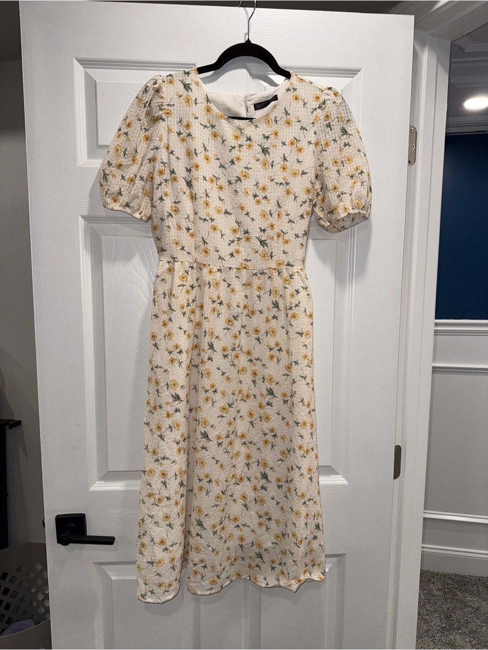 Floral Puff Sleeve Midi Dress in Cream and Yellow